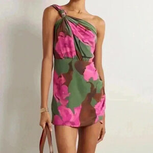 JOHANNA ORTIZ San Basilio One-Shoulder Silk Mini Dress 6 Multicolor Green Floral